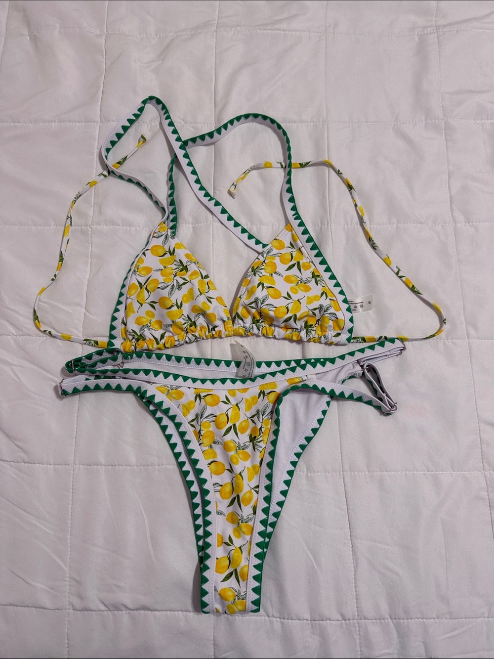 Lemon Print Triangle Bikini Set with Green Trim